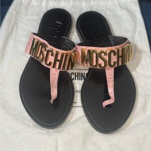 Moschino Pink and Black Sandals with Gold Lettering